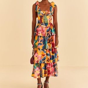 Farm Rio yellow painted flowers layered maxi dress
